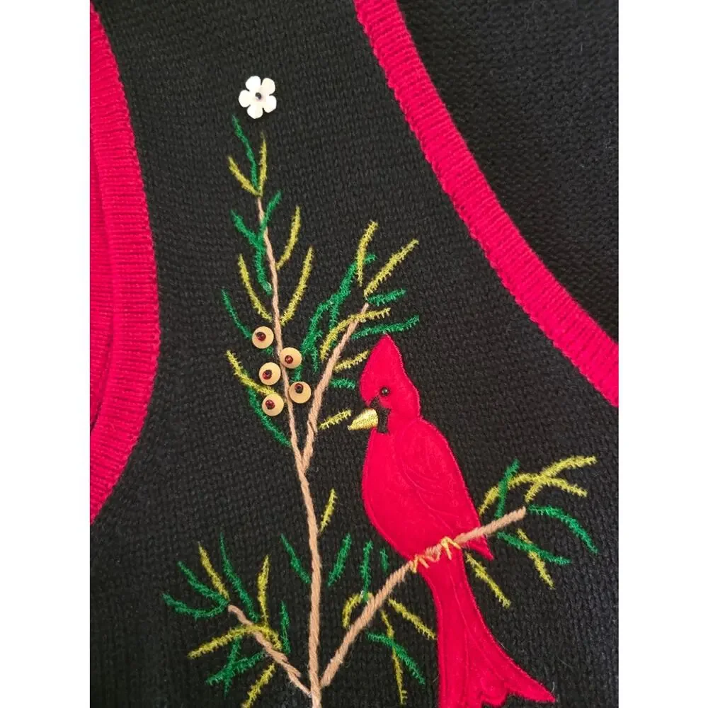 Vintage Designer's Original Cabincore Birds Beaded Knitted Cardigan Vest Women L
